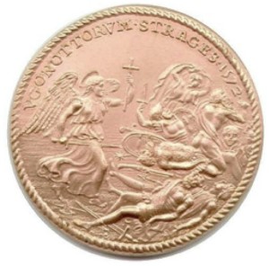 "Huguenot Slaughter": A 1572 coin commemorating the slaughter of Huguenots just four years after de Gourgue had avenged them in Florida.